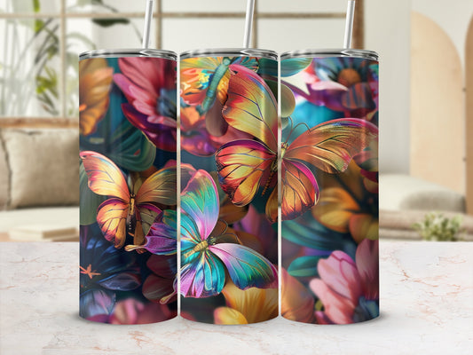 Colorful tumblers with butterfly and floral designs.