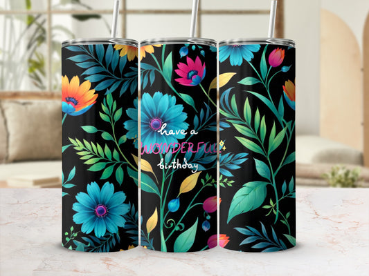 Black tumbler with colorful floral pattern and "have a wonderful birthday" text.