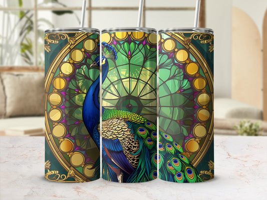 Three tumblers with a peacock and stained glass design.
