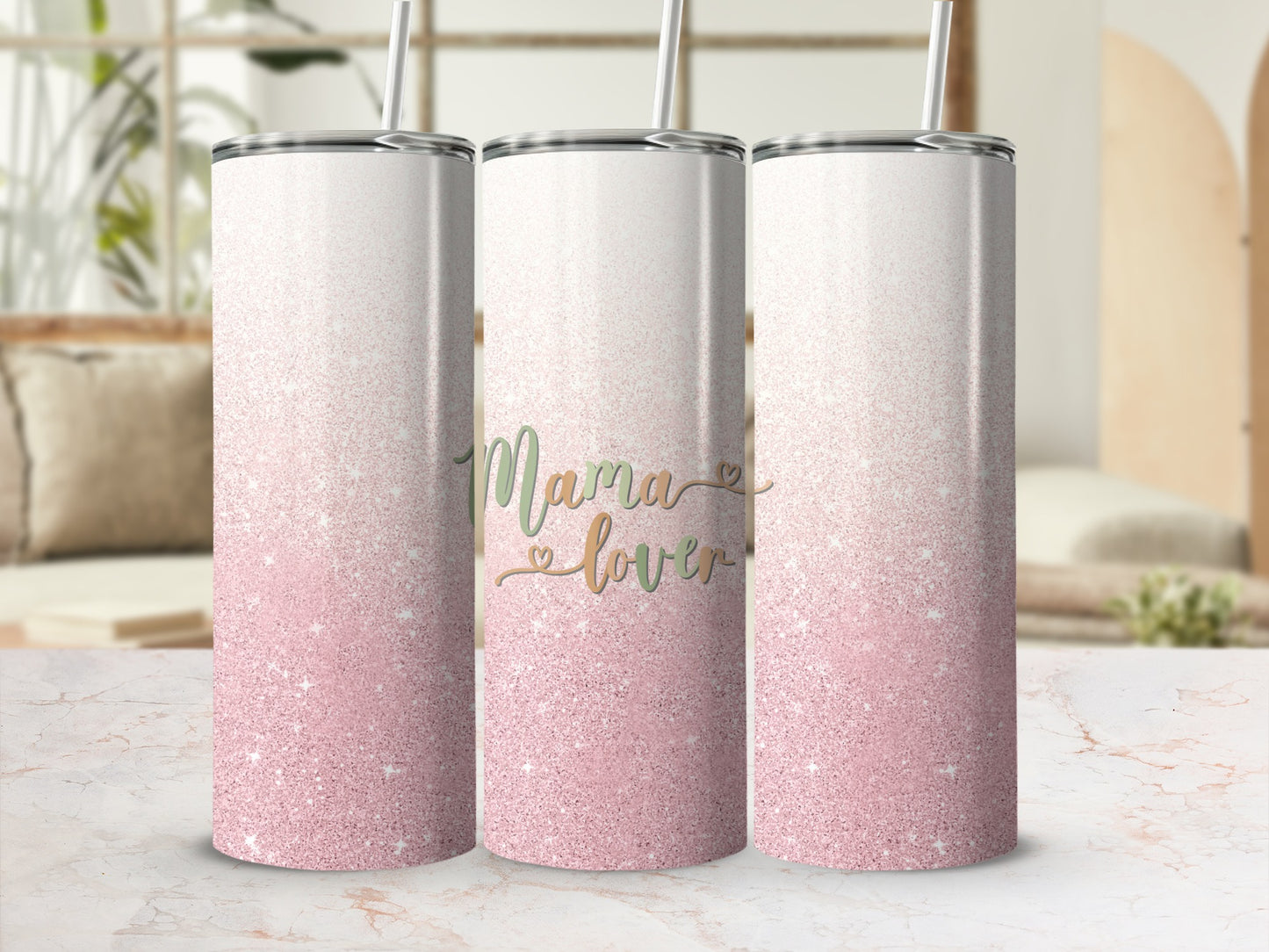 Three glitter tumblers with "Mama Lover" text, fading from white to pink.
