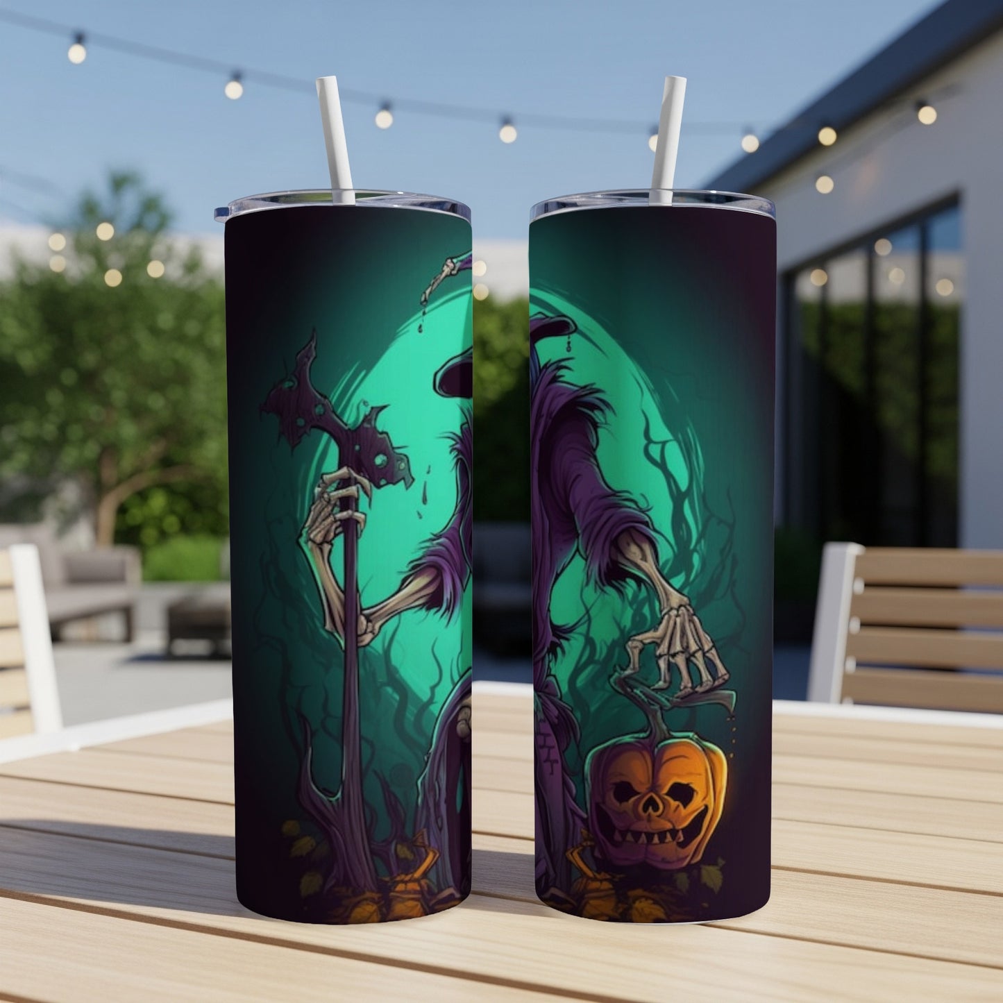 Halloween themed tumblers featuring a grim reaper and pumpkin design.