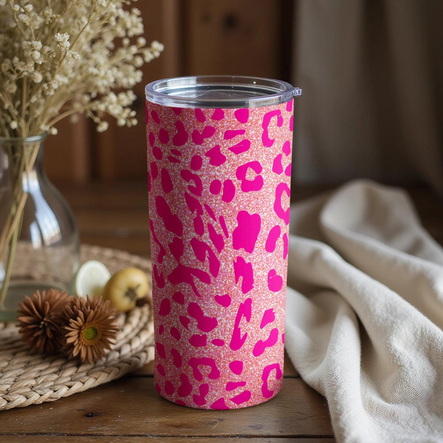 Vibrant Pink Leopard Print Insulated Tumbler with Lid