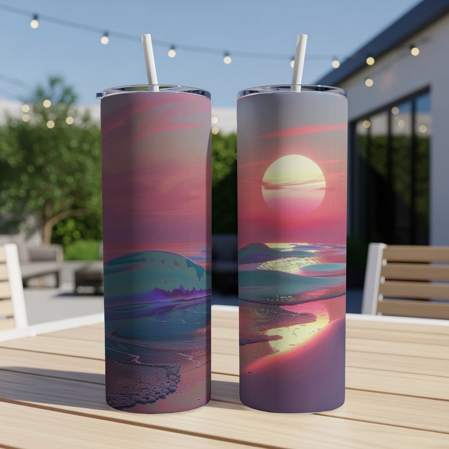 Two tall tumblers with a sunset ocean wave design sit on a table.