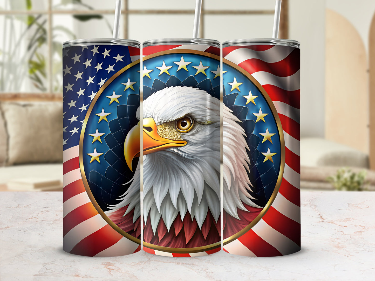 Tumbler with American flag, eagle emblem, and stars.