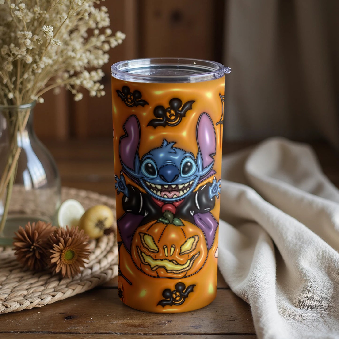 Halloween Stitch Tumbler with Pumpkin Design