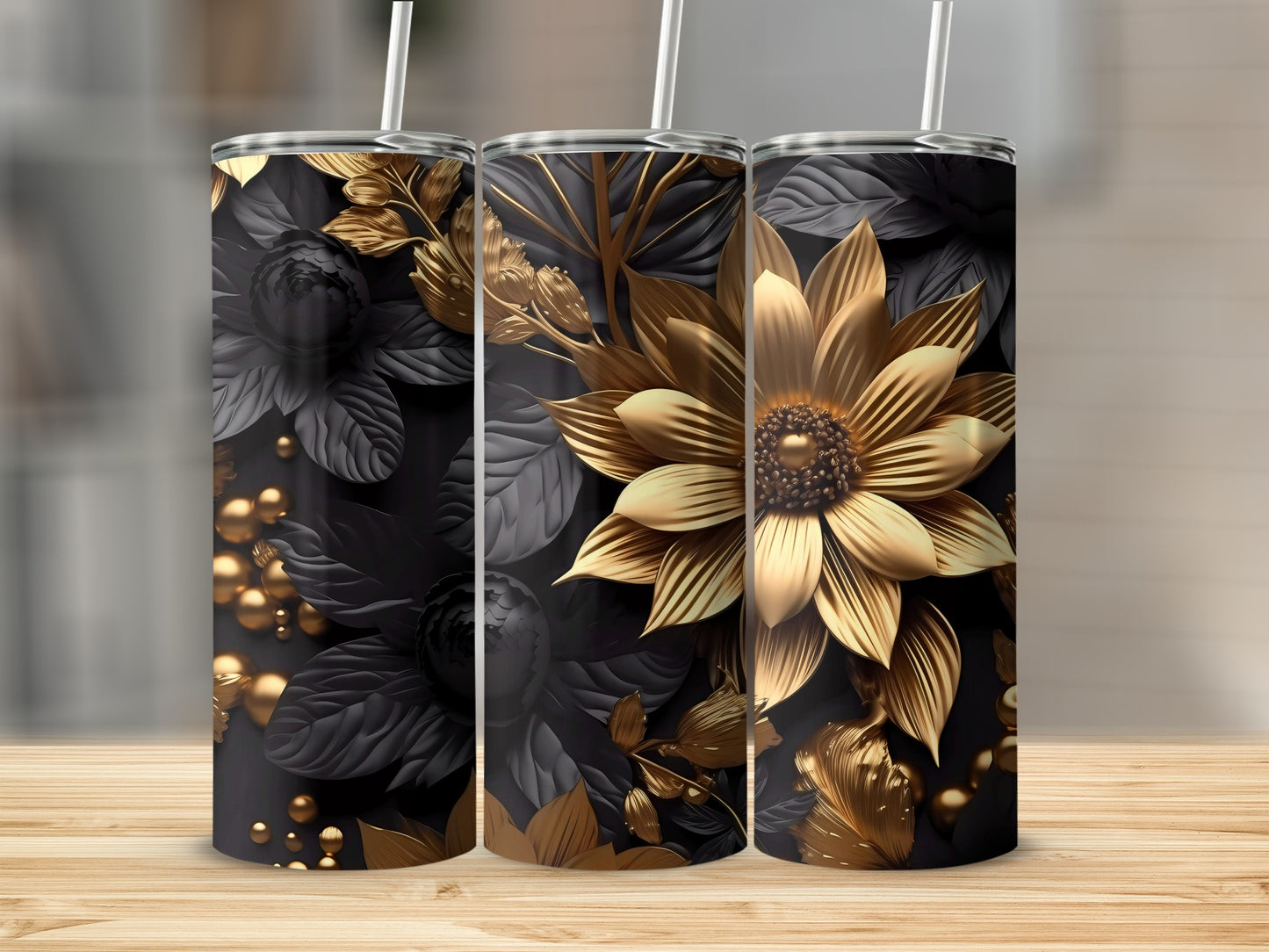 Elegant Black and Gold Floral Design Tumbler Cup