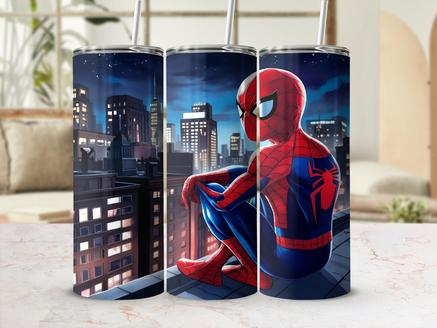 Spiderman sitting on a rooftop overlooking a city skyline.