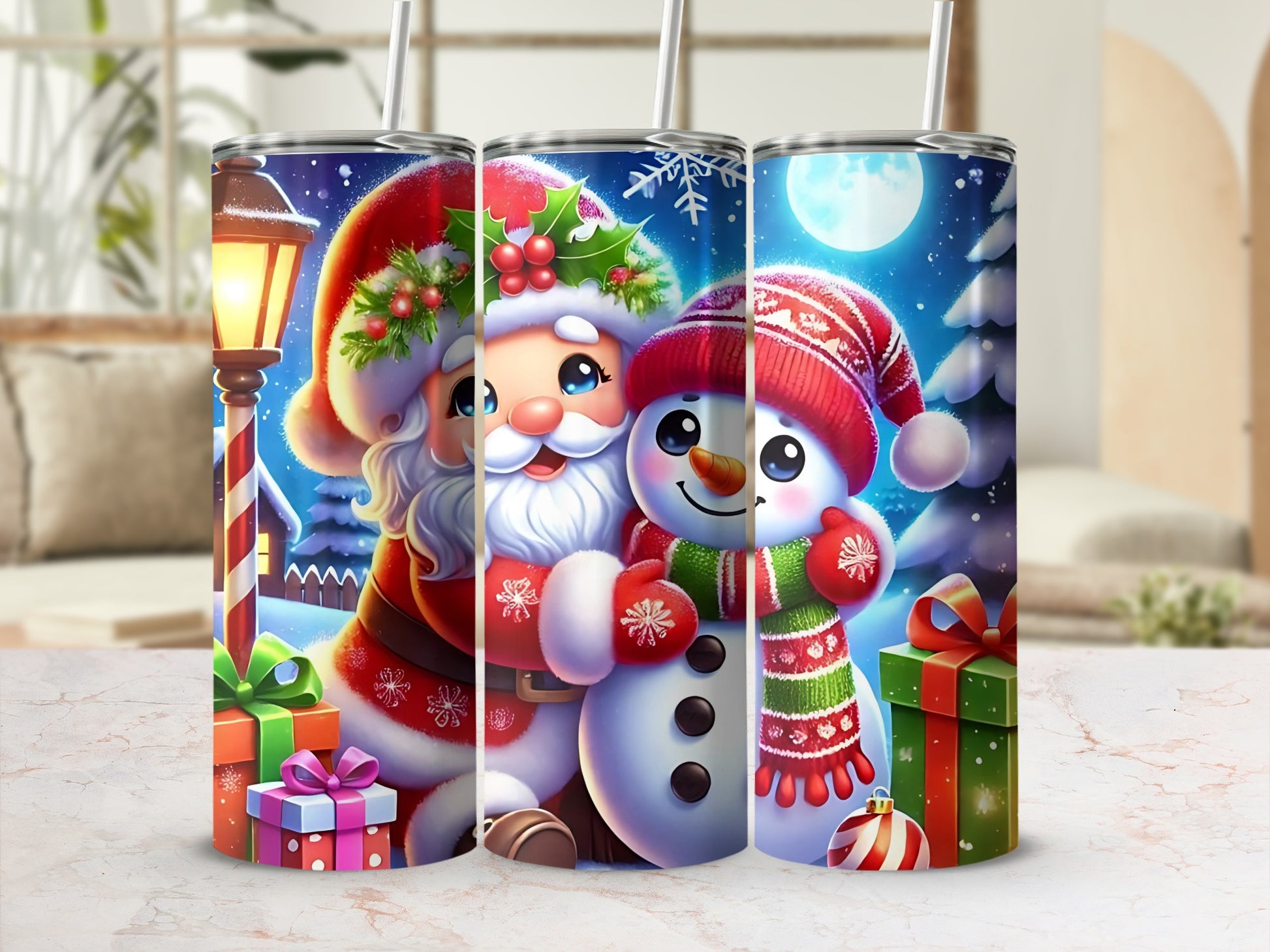 Festive Santa and Snowman Holiday Tumbler Set