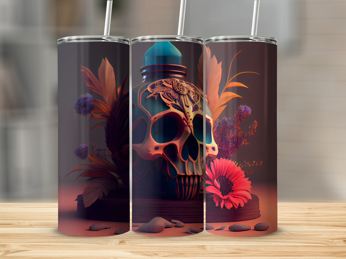 Colorful Skull With Flowers Illustration Tumbler