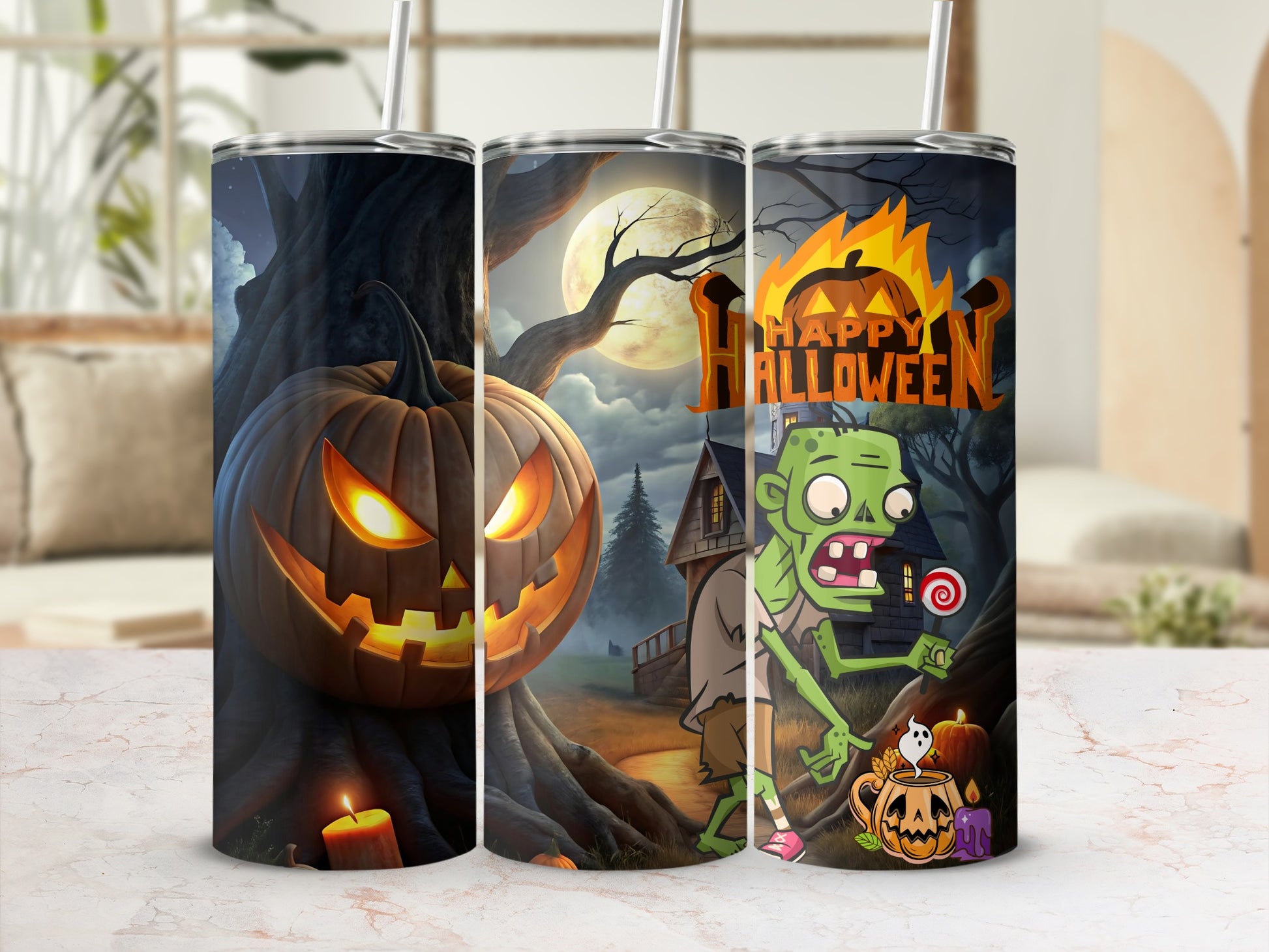 Halloween tumblers featuring a jack-o'-lantern, zombie, and "Happy Halloween" text.
