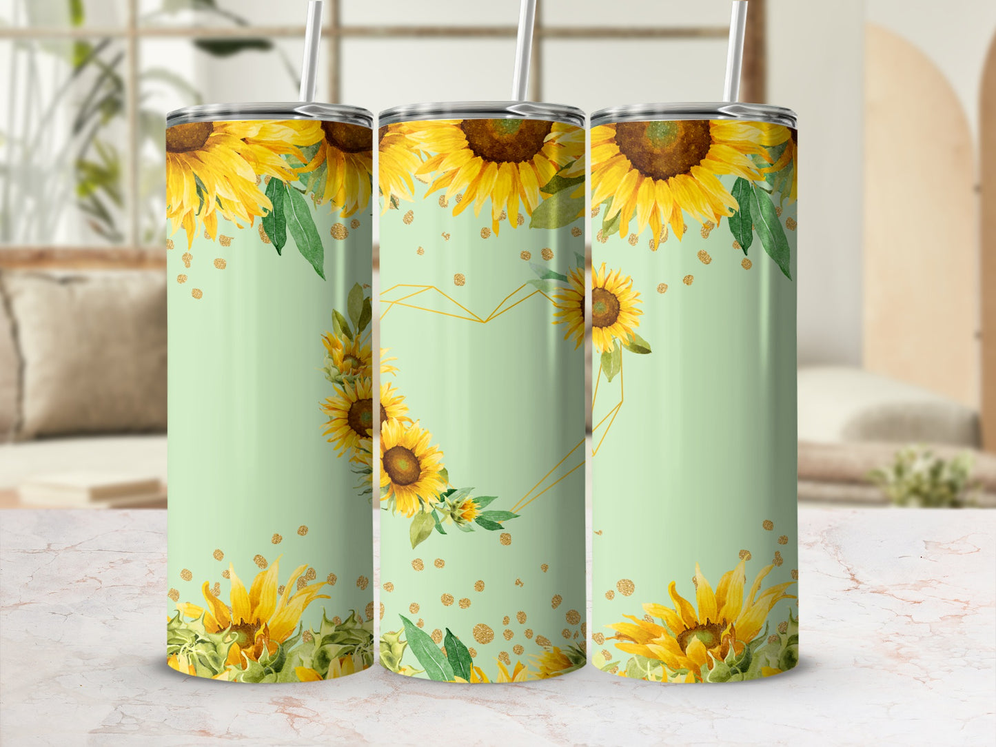 Pale green tumblers with sunflowers, gold glitter, and geometric heart design.