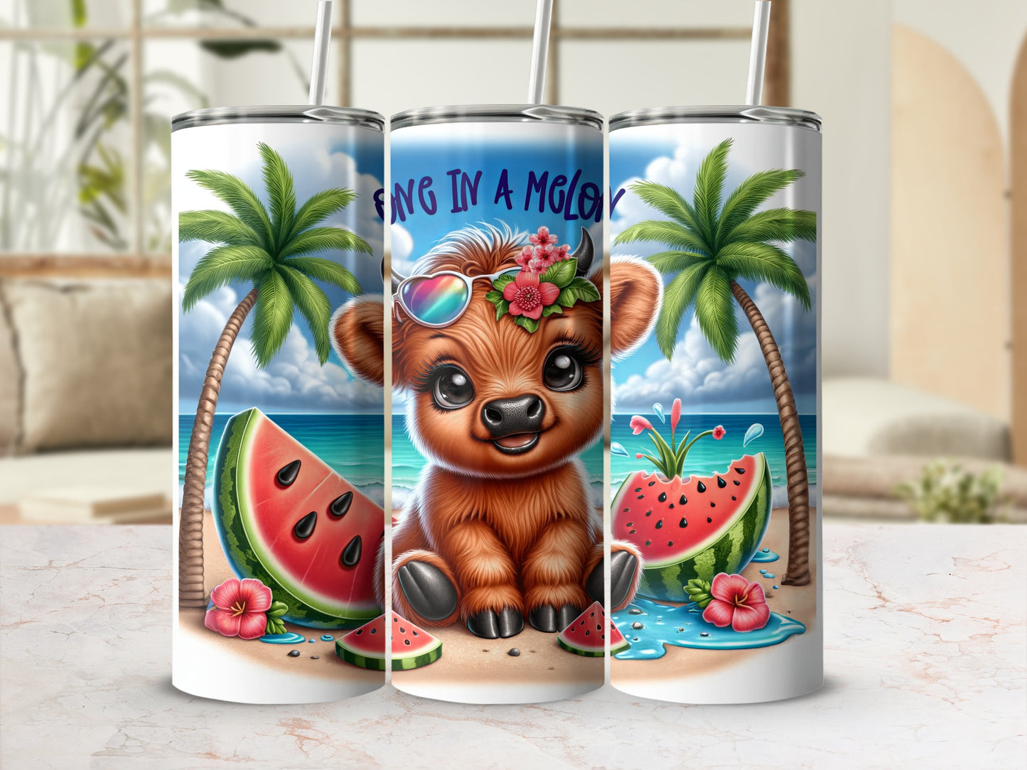 Cow tumbler with sunglasses on beach, watermelon, and palm trees.