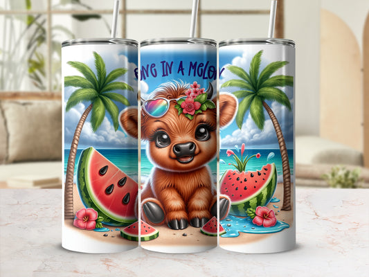 Cow tumbler with sunglasses on beach, watermelon, and palm trees.