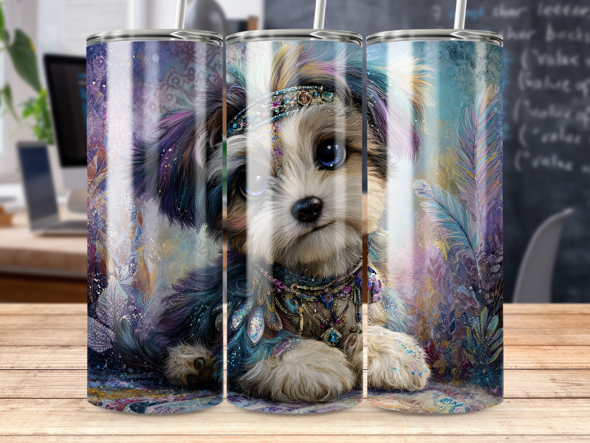 Adorable Puppy Design with Colorful Feathers Tumbler