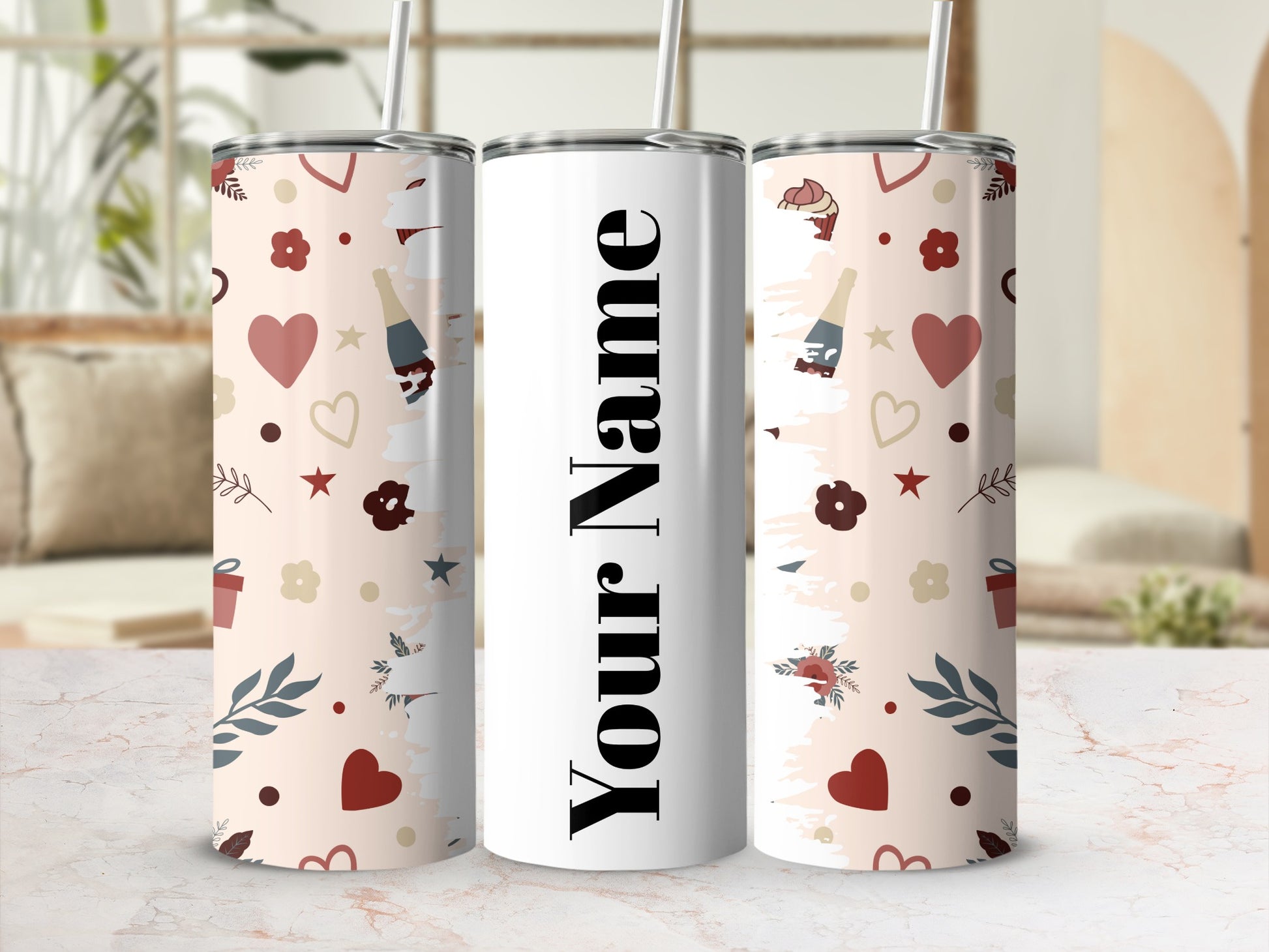 Personalized Heart and Floral Pattern Tumbler with Straw