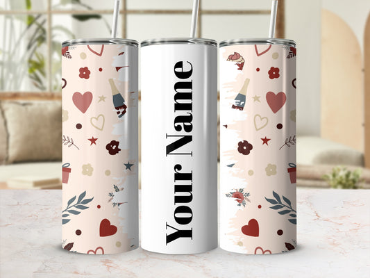 Personalized Heart and Floral Pattern Tumbler with Straw