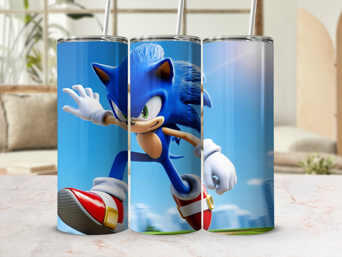 Sonic the Hedgehog in action on a blue tumbler.