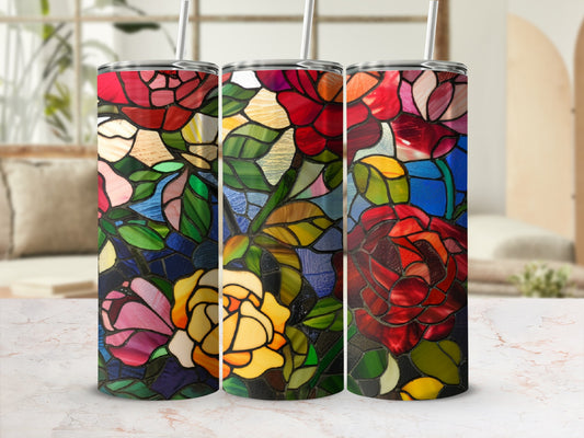 Three tumblers with stained glass rose pattern and straws.
