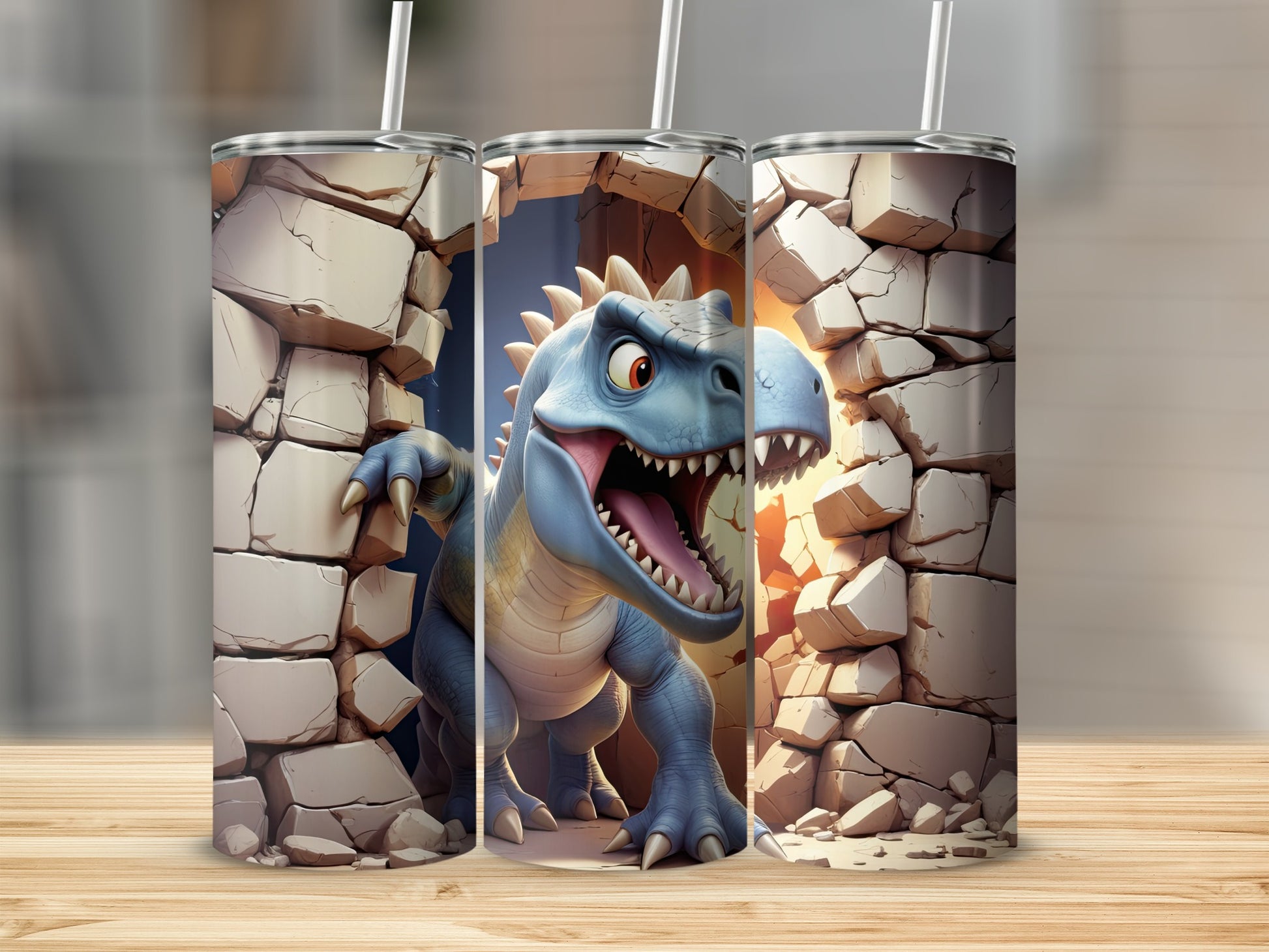 Blue cartoon dinosaur emerging from a cracked stone wall.