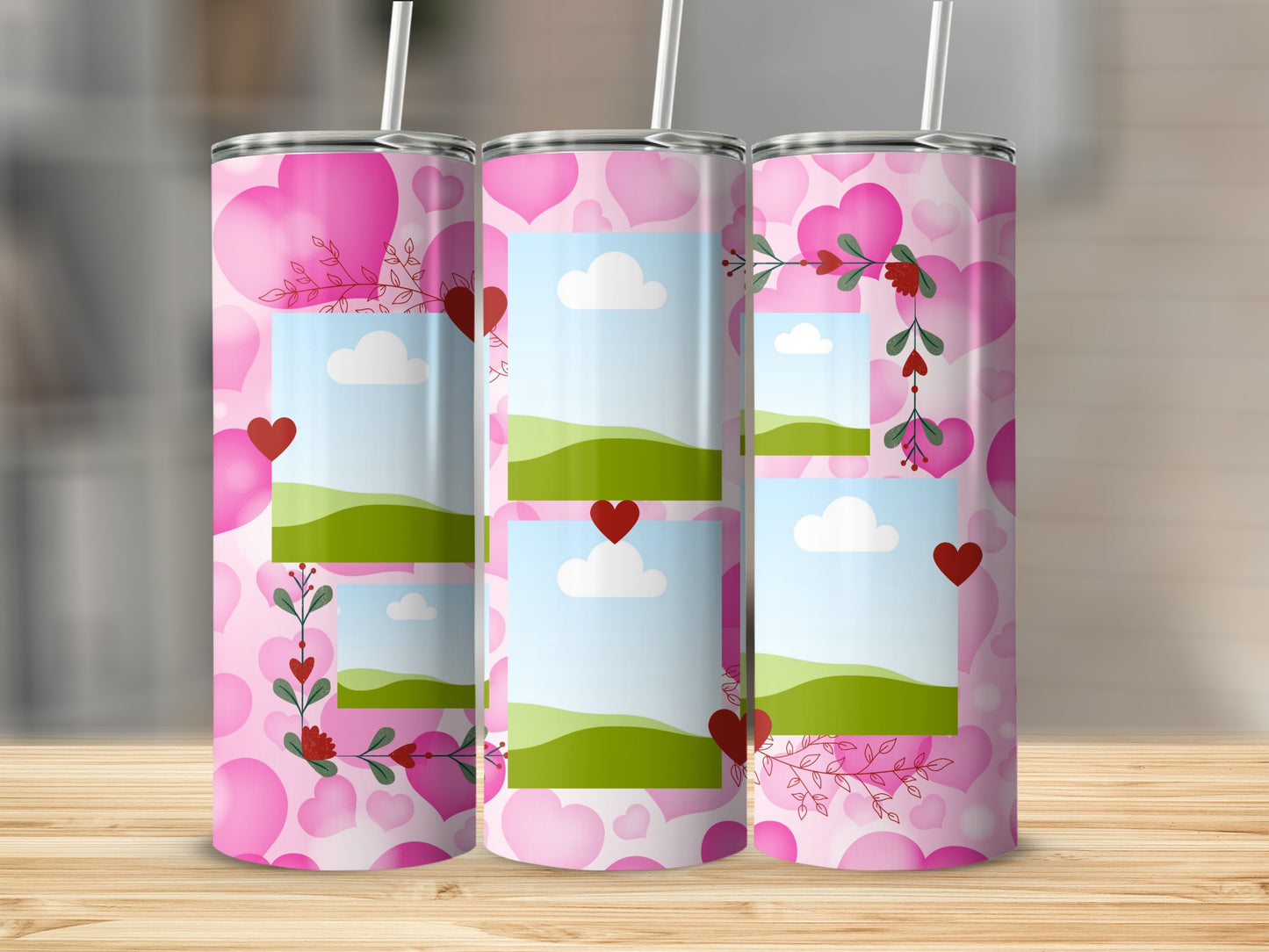 Three tumblers with pink heart patterns and nature photo placeholders.