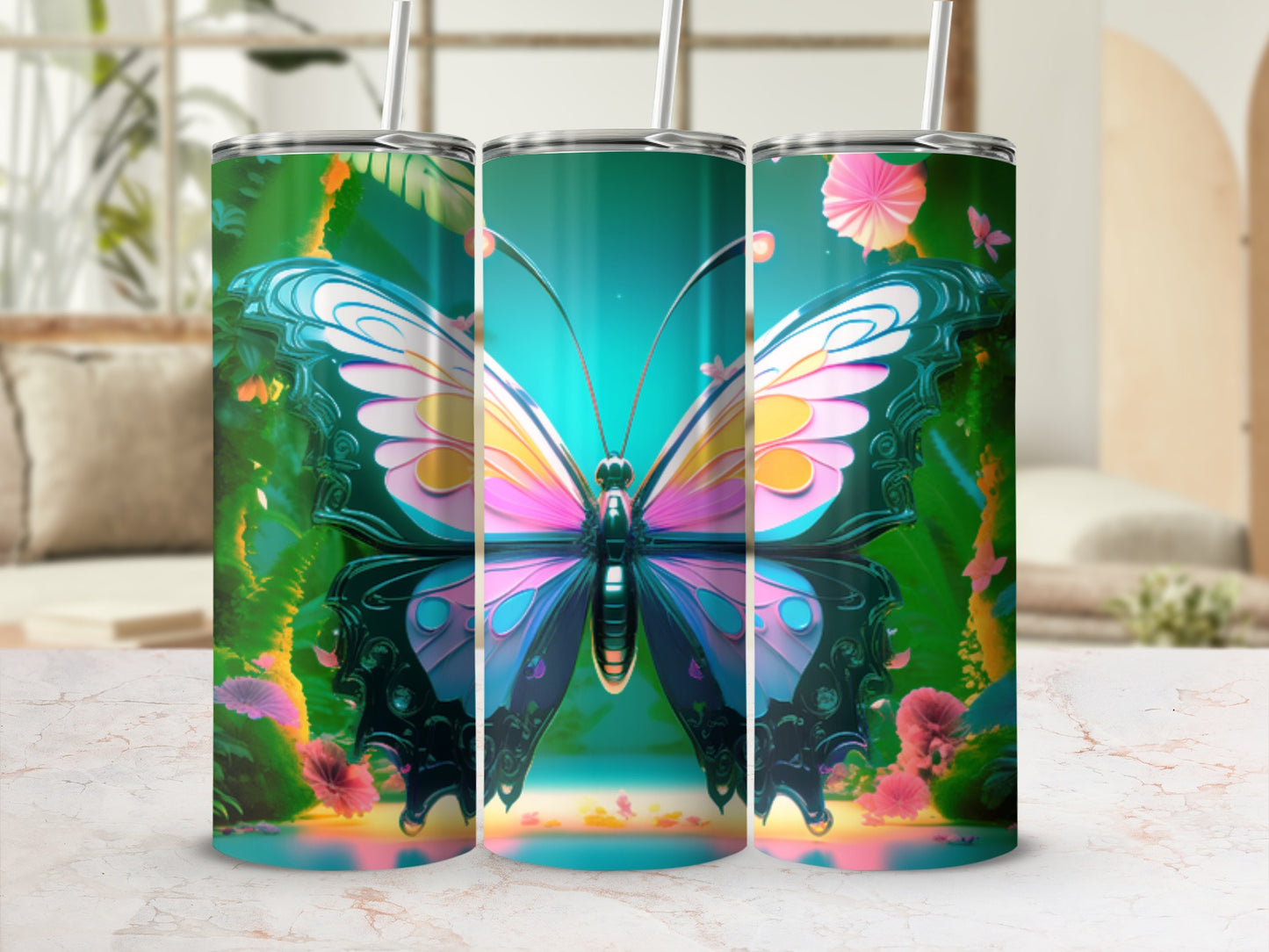 Tumbler with a large iridescent butterfly on a colorful floral background.
