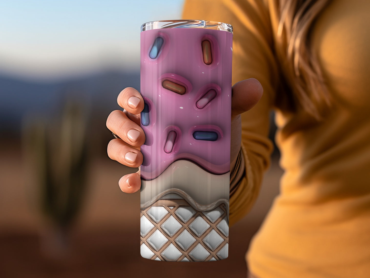 Ice Cream Cone Design Tumbler with Pink Drip Pattern