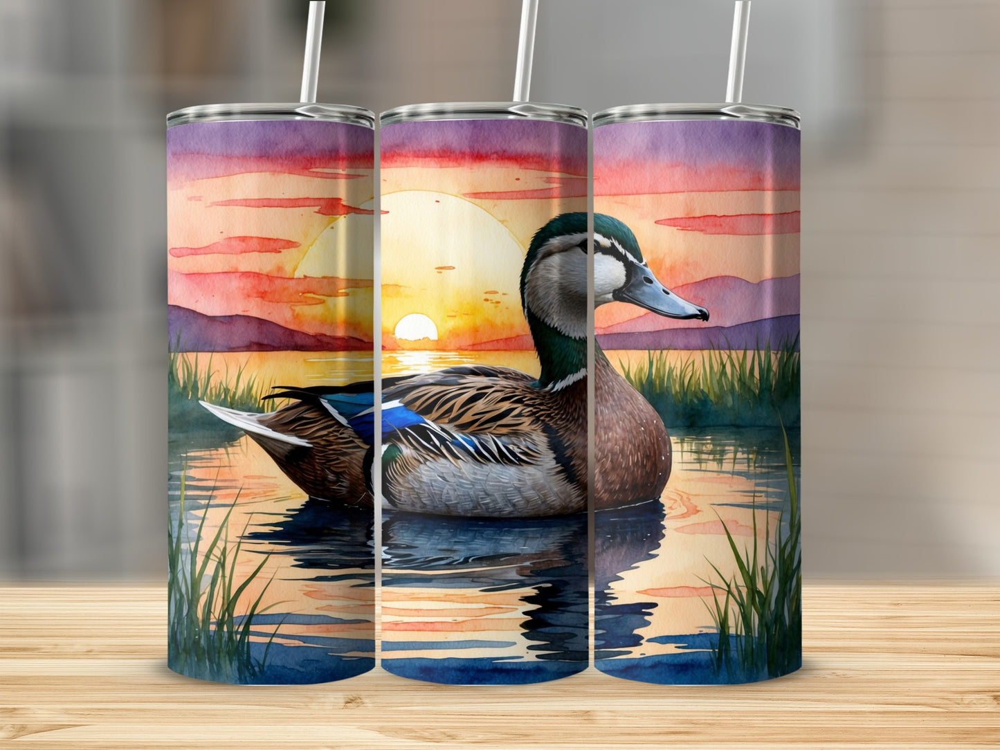 Mallard duck swimming in water at sunset, artwork wrap.