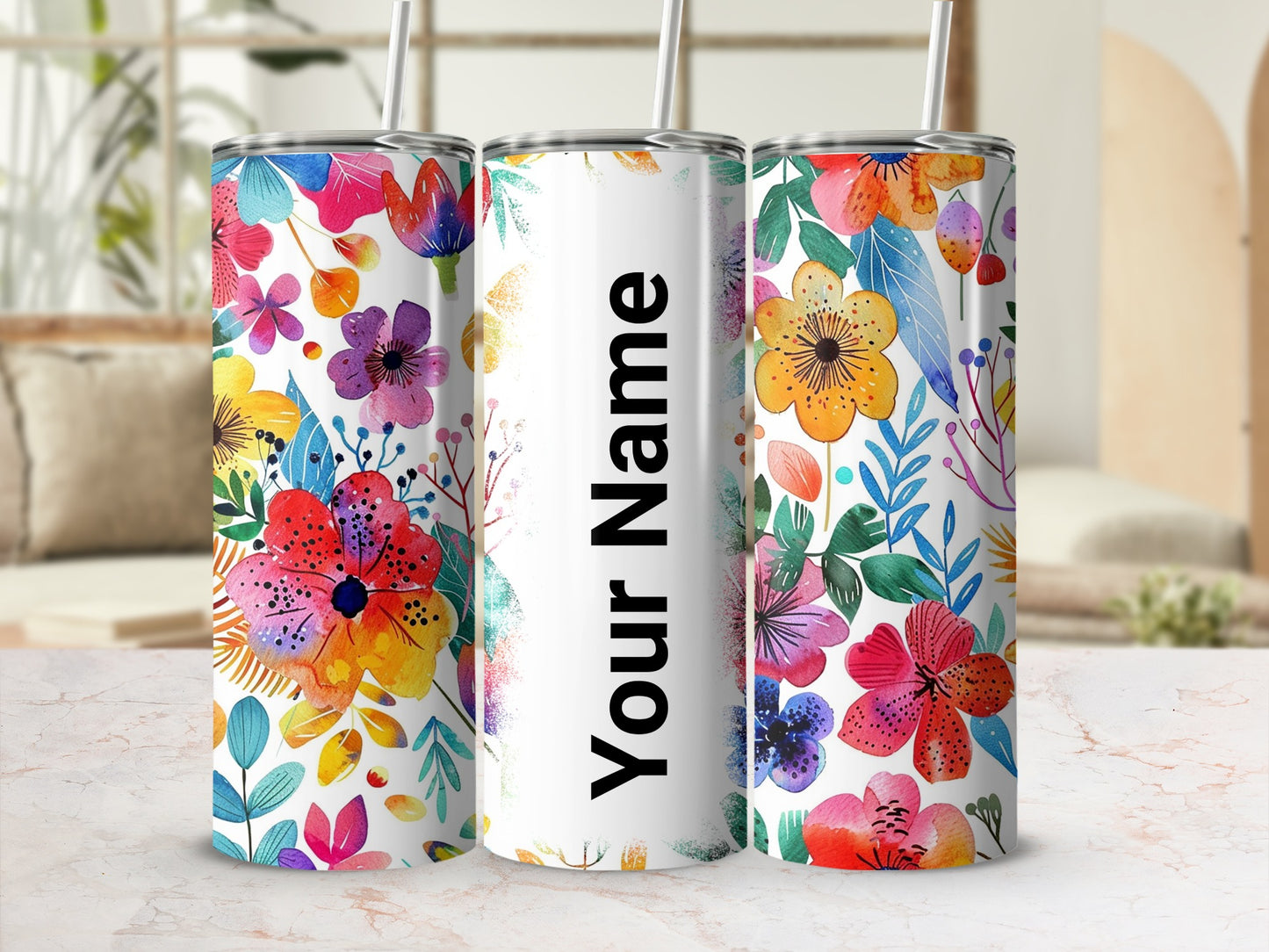 Personalized Colorful Floral Tumbler with Straw