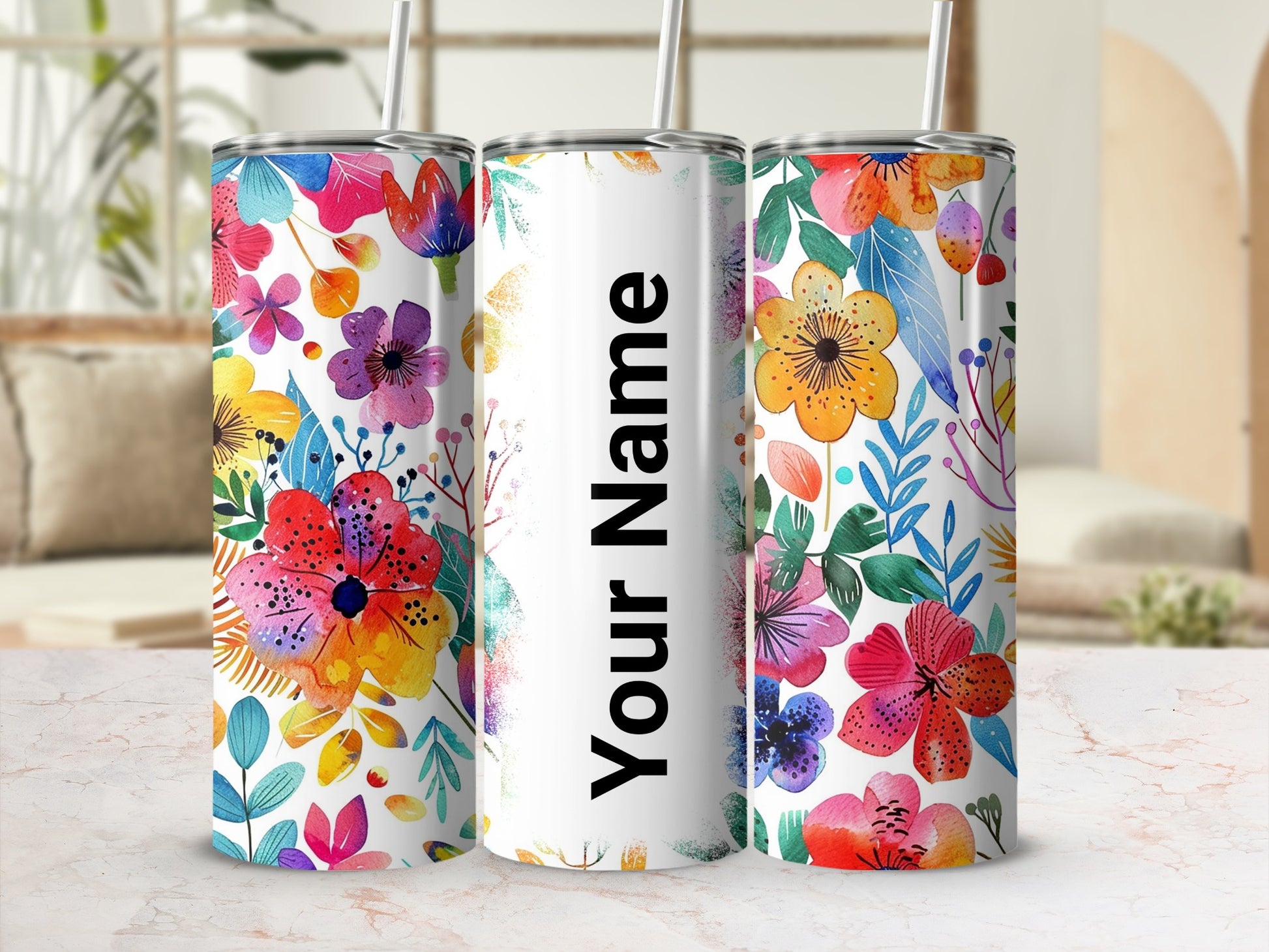 Personalized Colorful Floral Tumbler with Straw