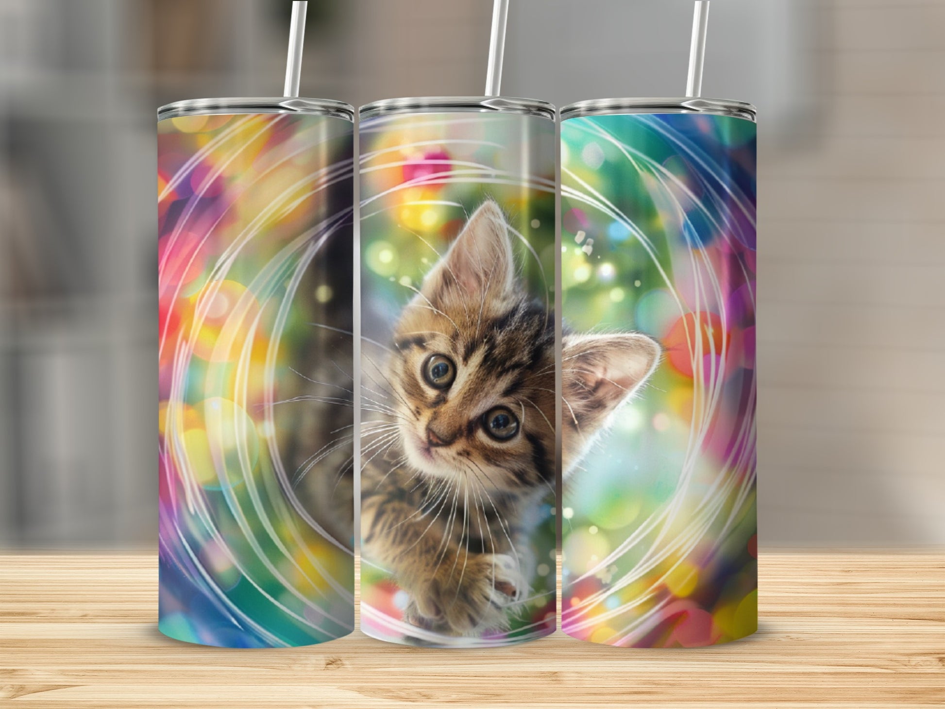 Tabby kitten peeking through colorful bokeh lights on a tumbler.