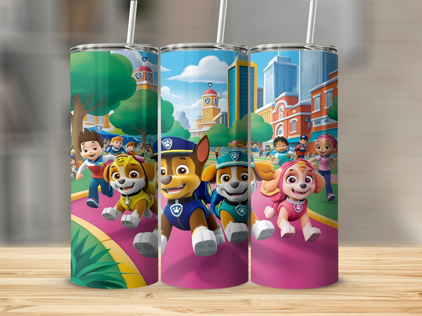 Paw Patrol characters Chase, Marshall, and Skye running on a city street.