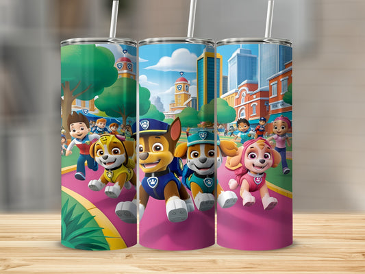 Paw Patrol characters Chase, Marshall, and Skye running on a city street.
