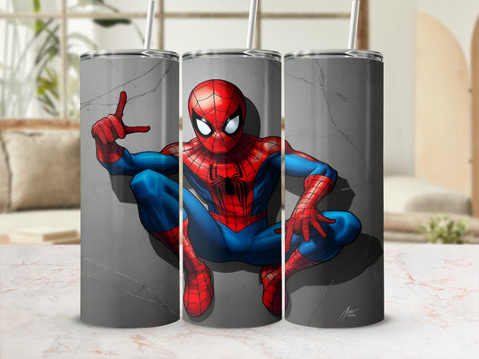 Spiderman in a crouched pose on a grey textured background with a straw in his head.