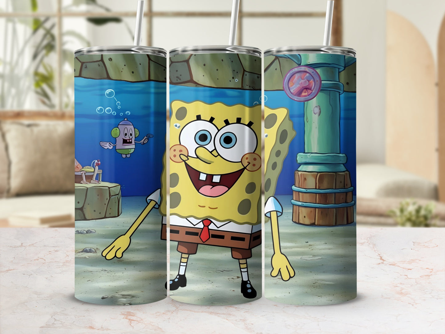 SpongeBob SquarePants character on a stainless steel tumbler.
