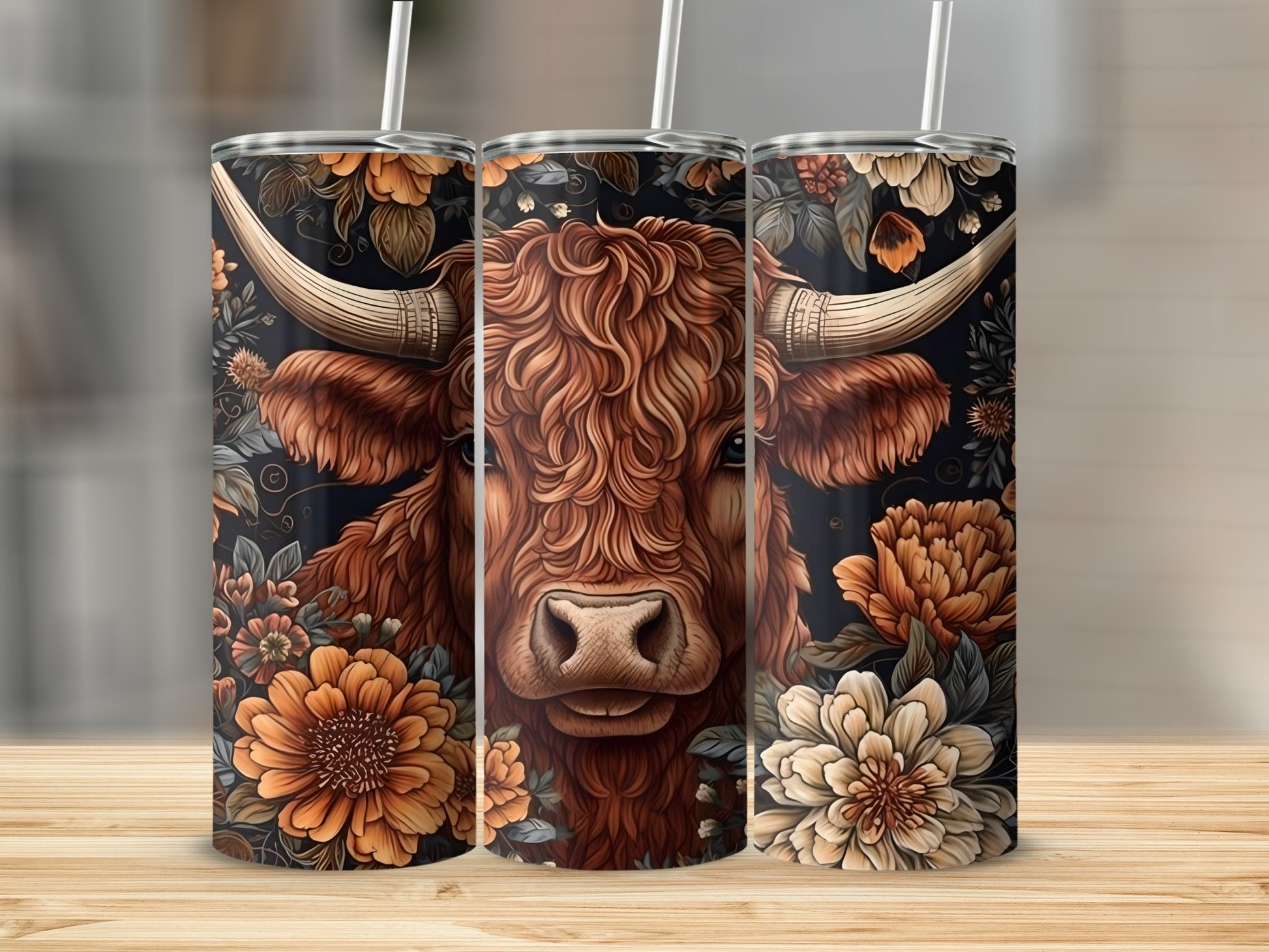 Floral Highland Cow Design Tumbler Cups for Beverages