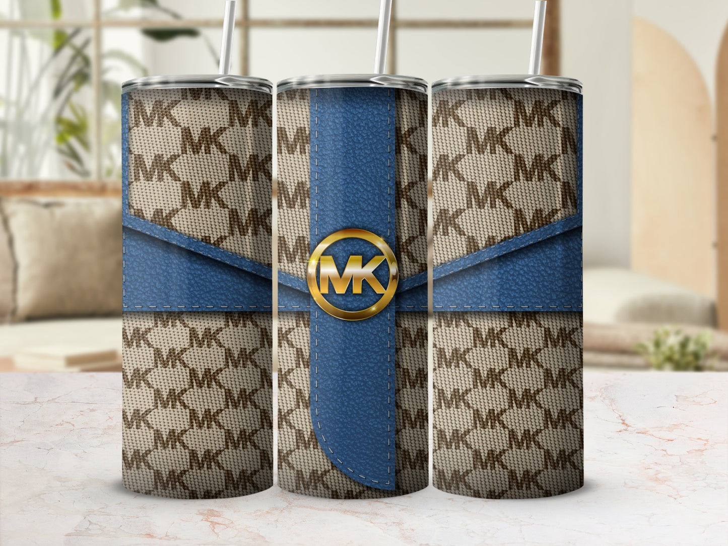 Stylish Monogram Patterned Tumbler with Blue Accent