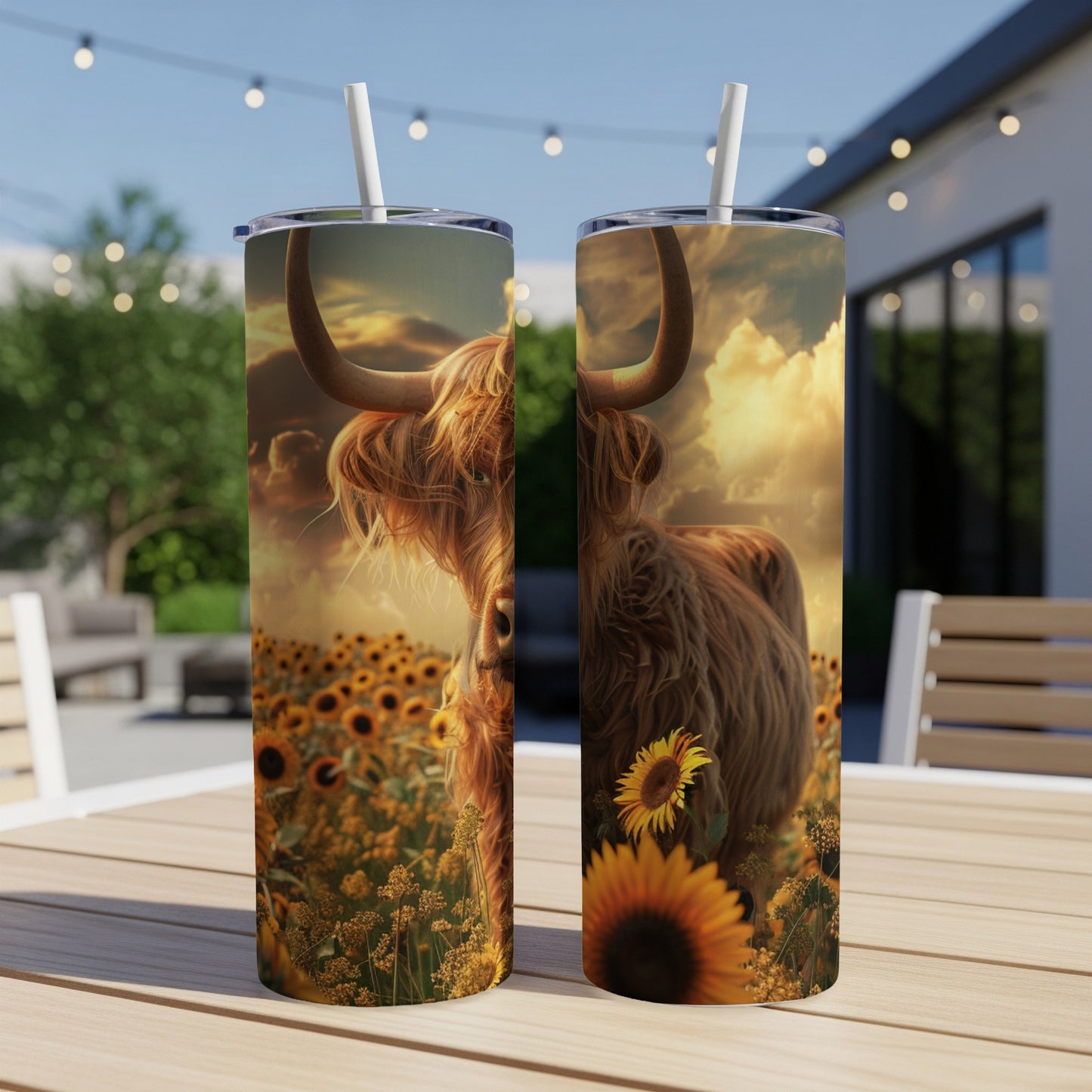Highland cow in sunflower field on patterned skinny tumbler.