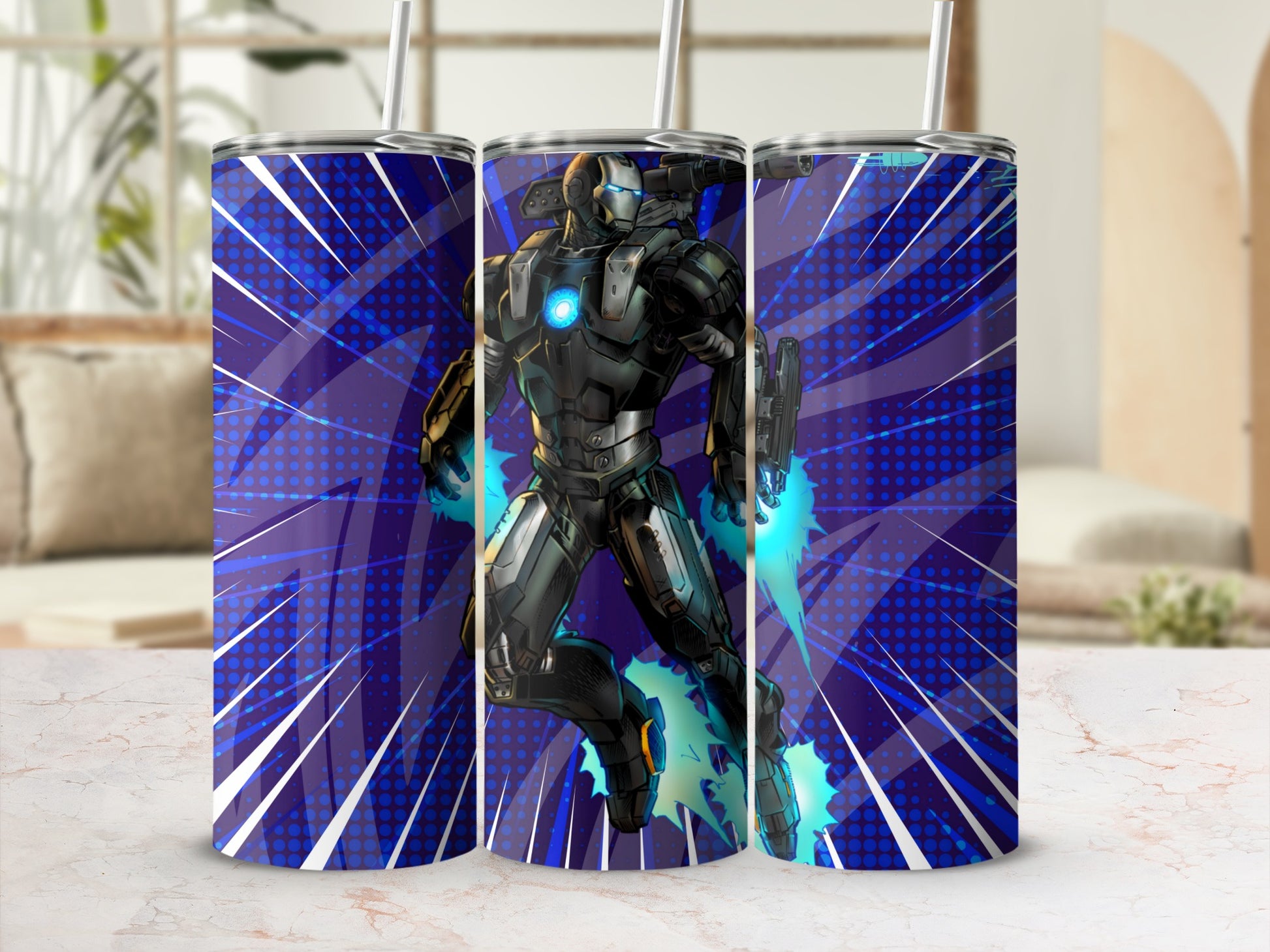 Robot Superhero Tumbler with Blue Energy Comic Art