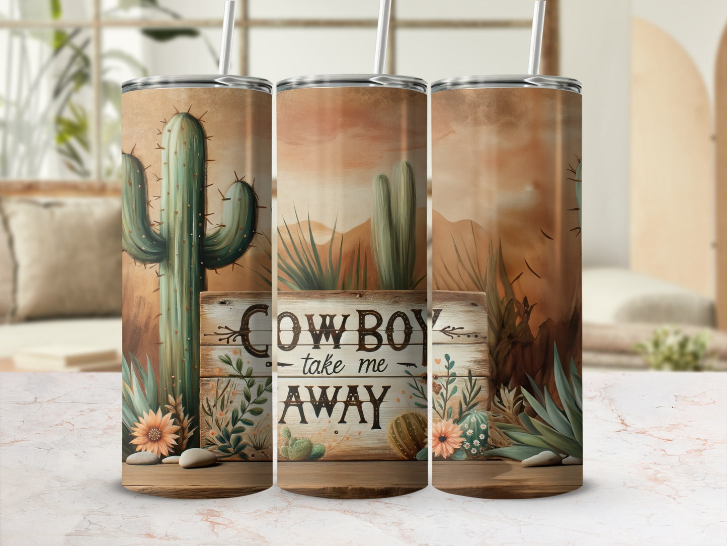 Cowboy take me away tumbler with cactus and desert landscape.
