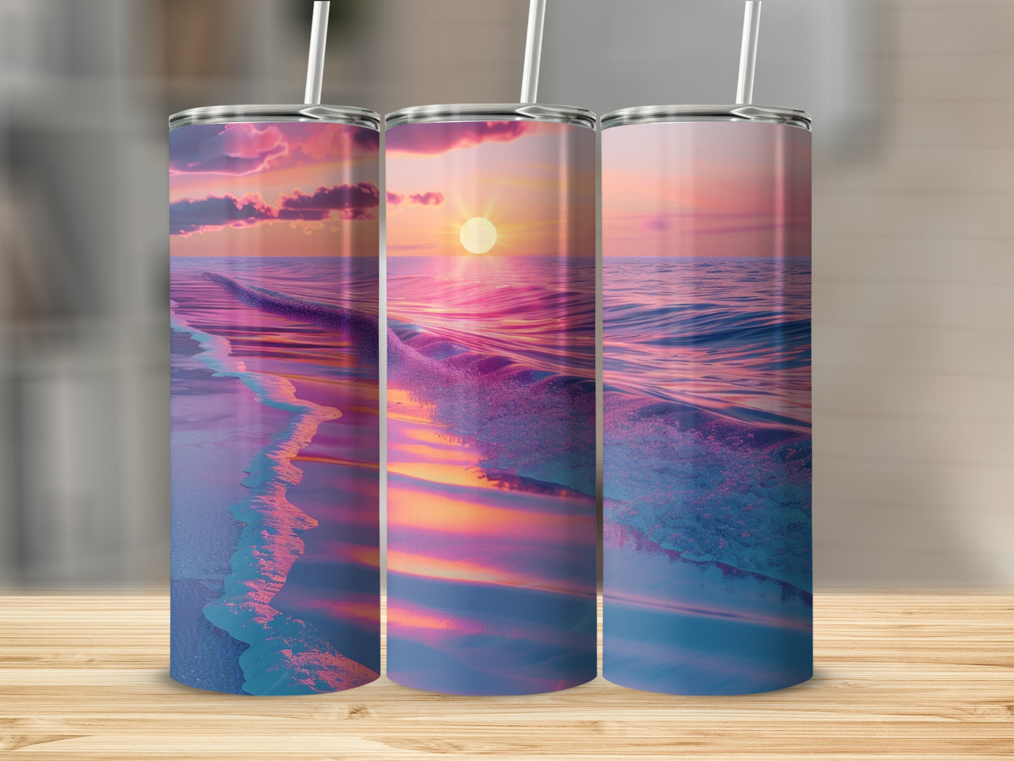 Three tumblers showcasing a vibrant ocean sunset with waves.