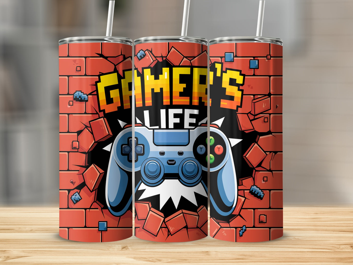 Gamer Life tumbler with a blue video game controller and brick wall design.