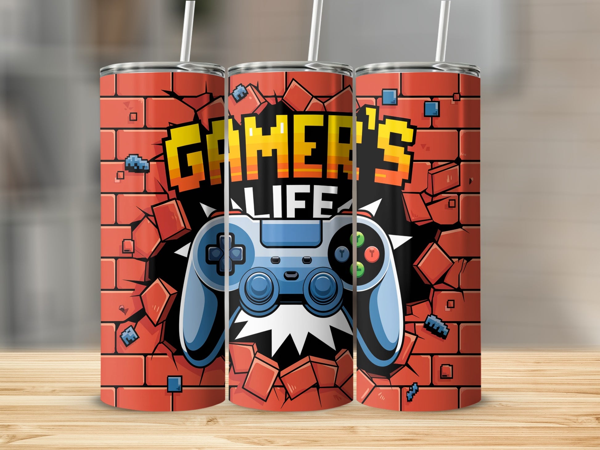 Gamer Life tumbler with a blue video game controller and brick wall design.