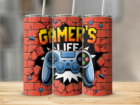 Gamer Life tumbler with a blue video game controller and brick wall design.