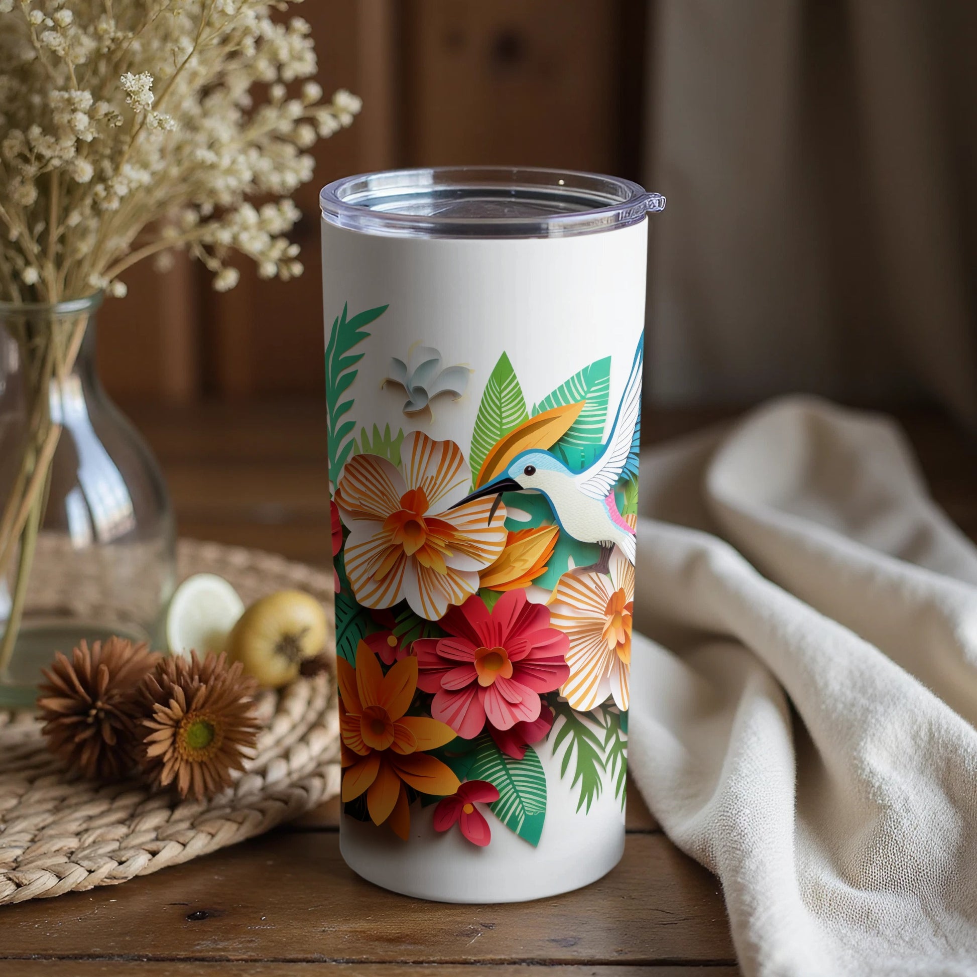 Colorful Hummingbird and Flowers Printed Tumbler