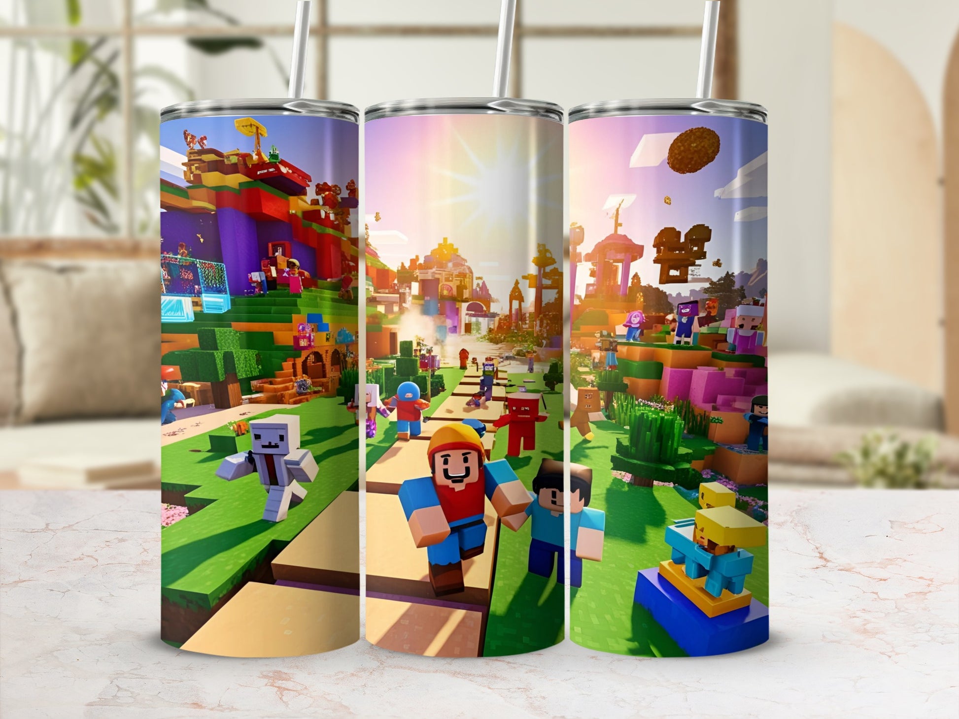 Blocky characters and colorful scenery from a video game on three tumblers.