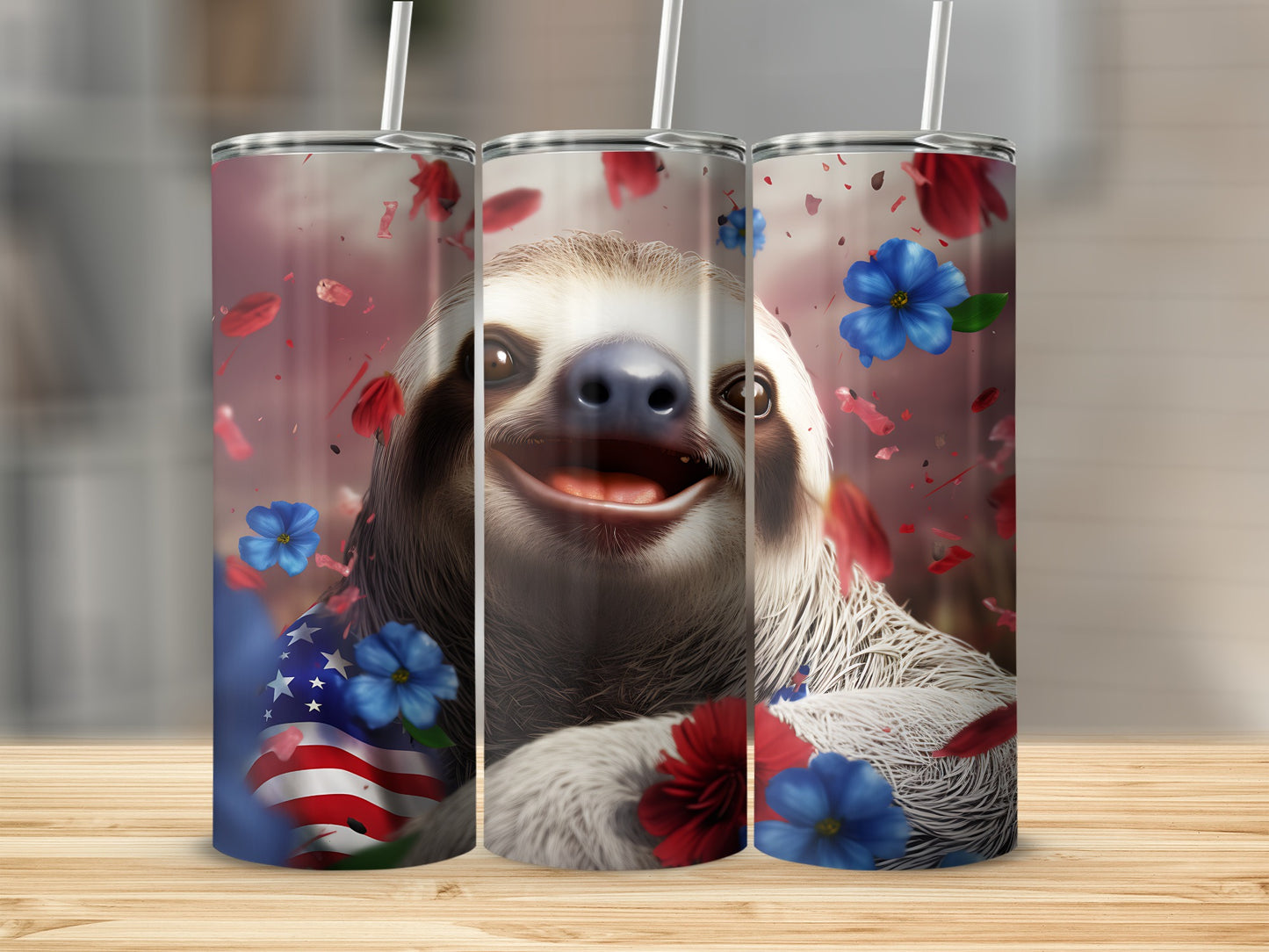 Three tumblers featuring a smiling sloth and American flag design with floral accents.