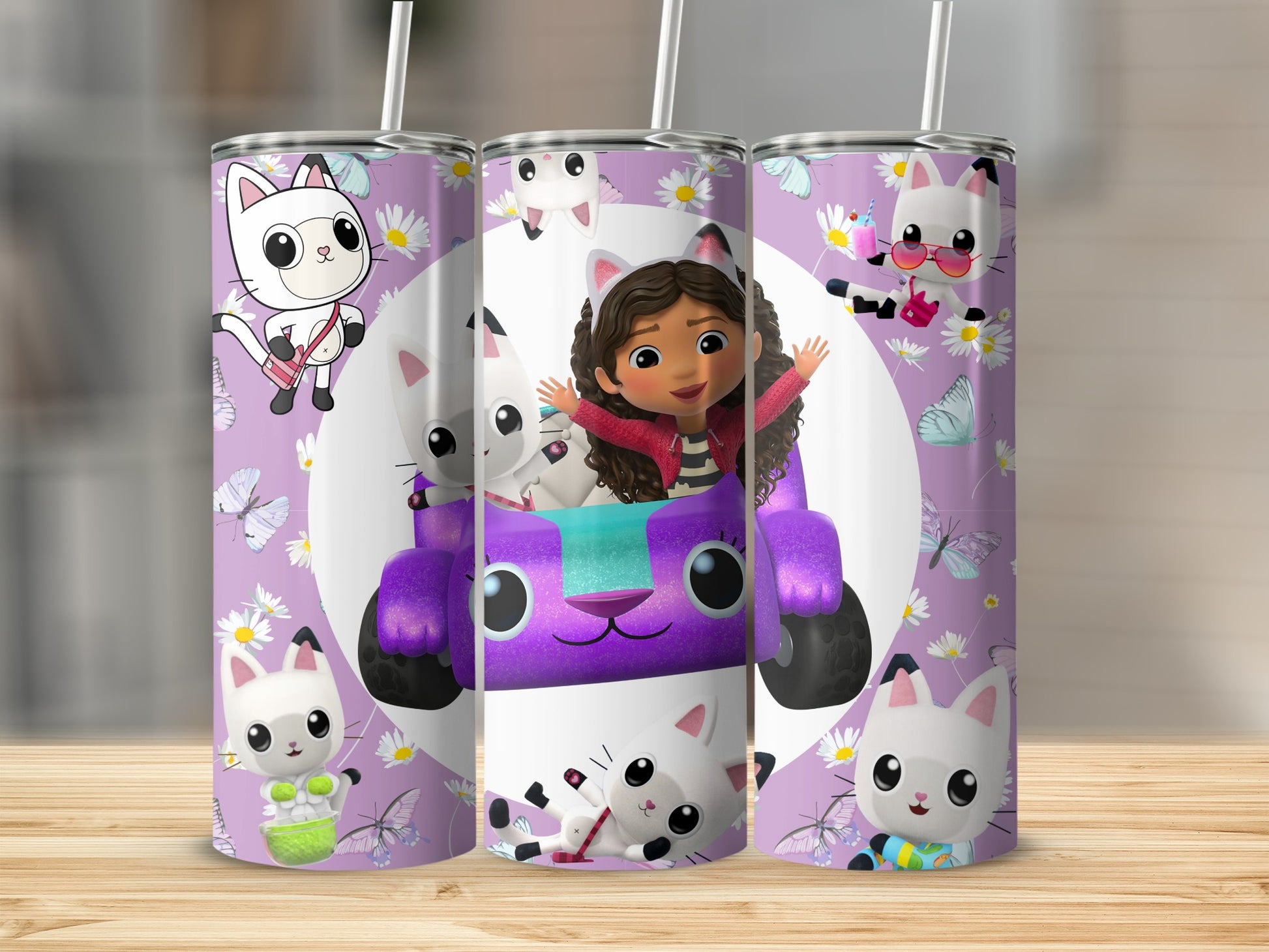 Cartoon Character and Cats Pattern Purple Tumbler