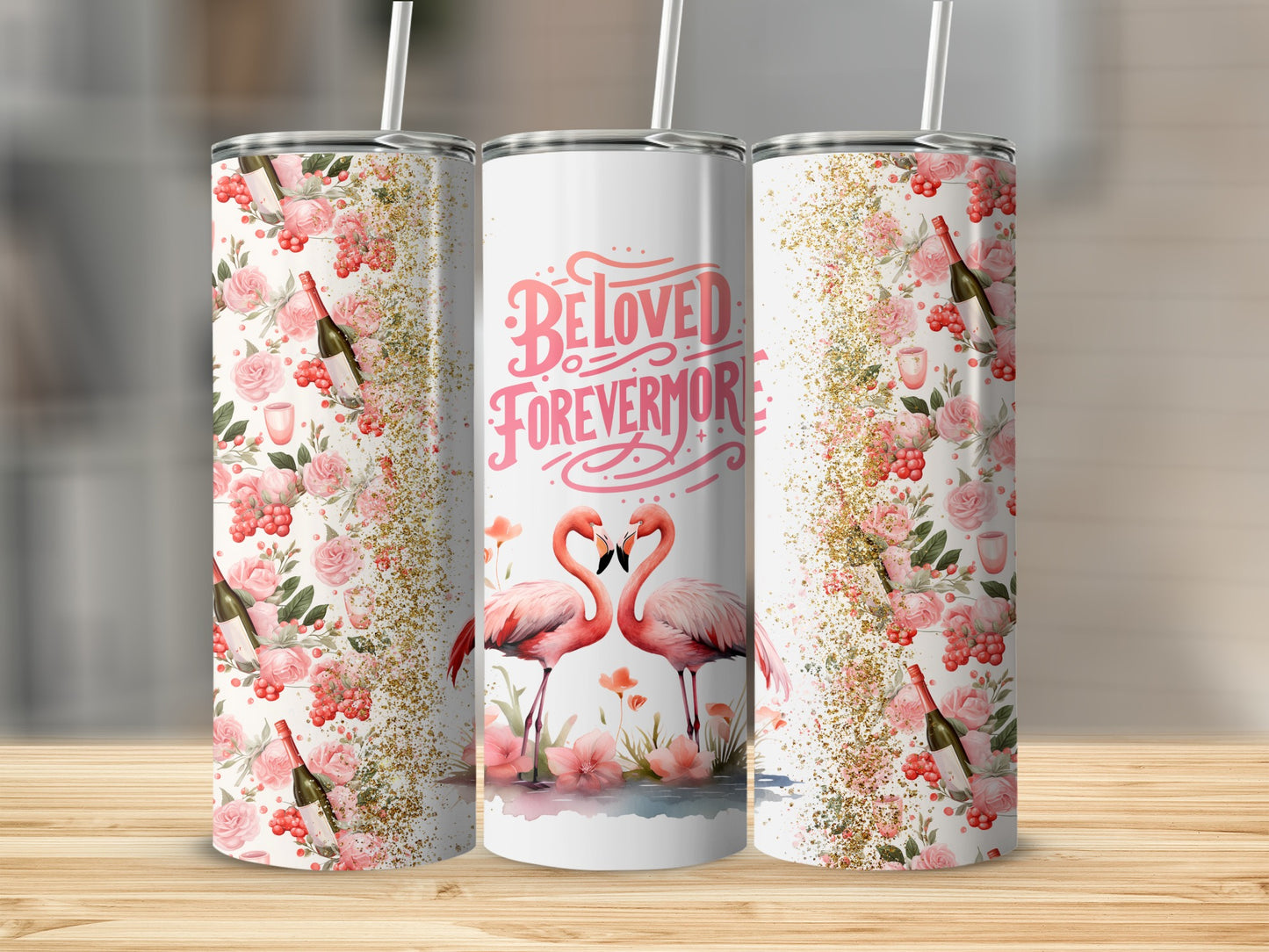 Beloved Forevermore Flamingos Floral Glitter Tumbler