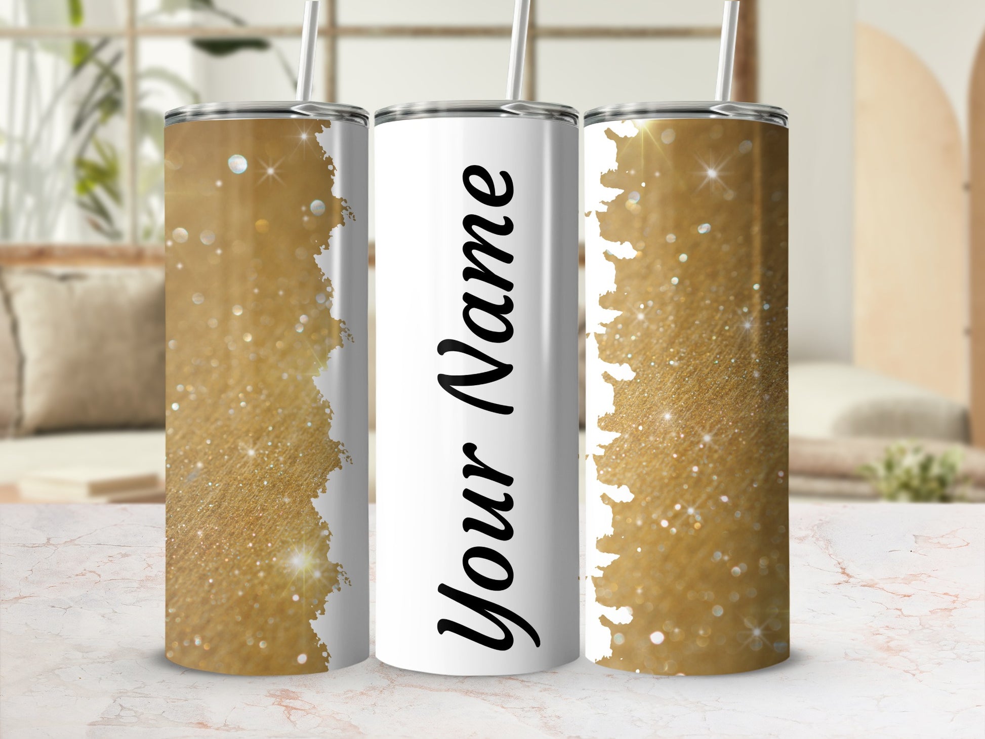 Personalized Glittery Gold Design Tumbler Cup