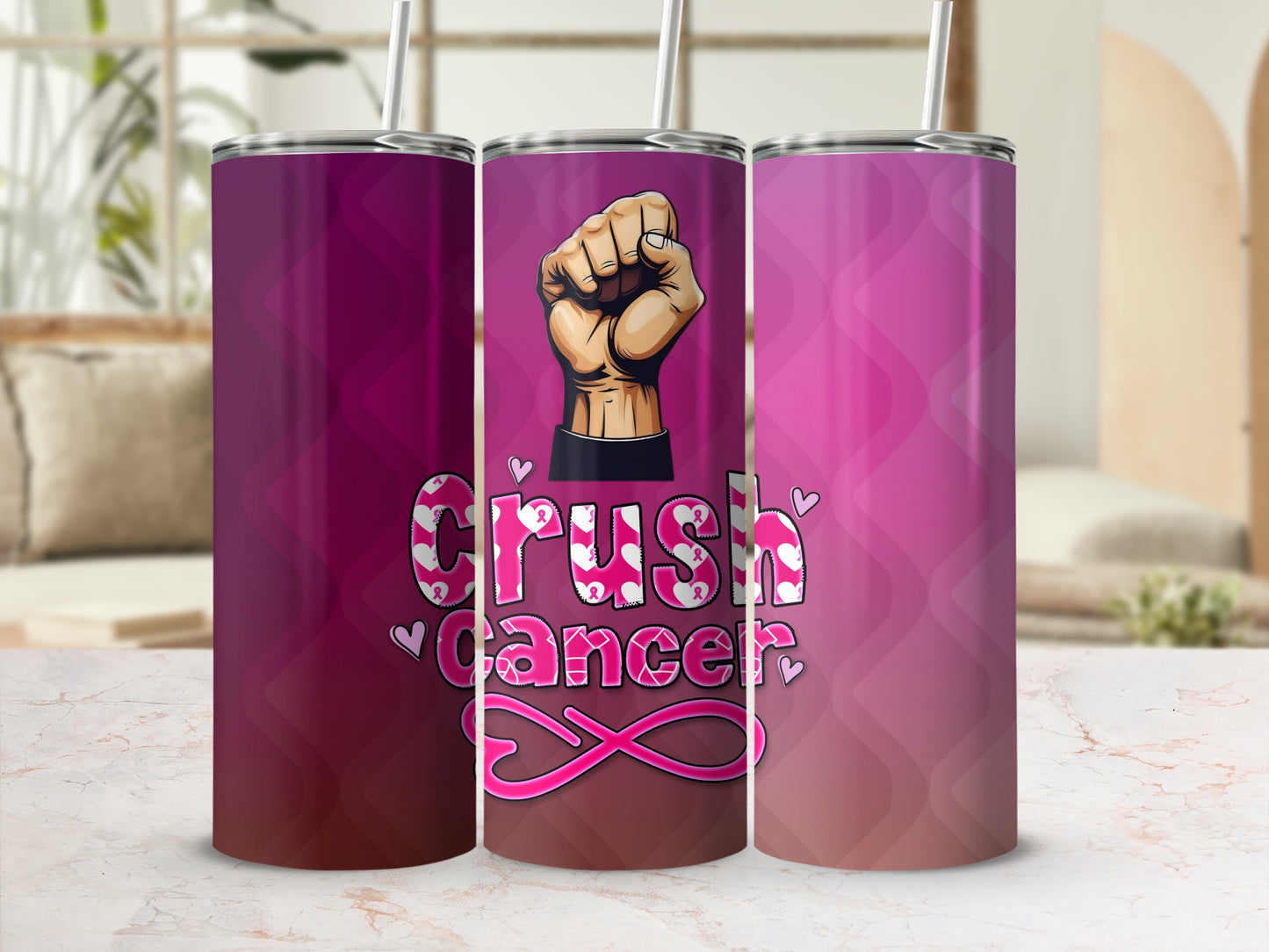 Three tumblers with "Crush Cancer" text and a fist graphic.